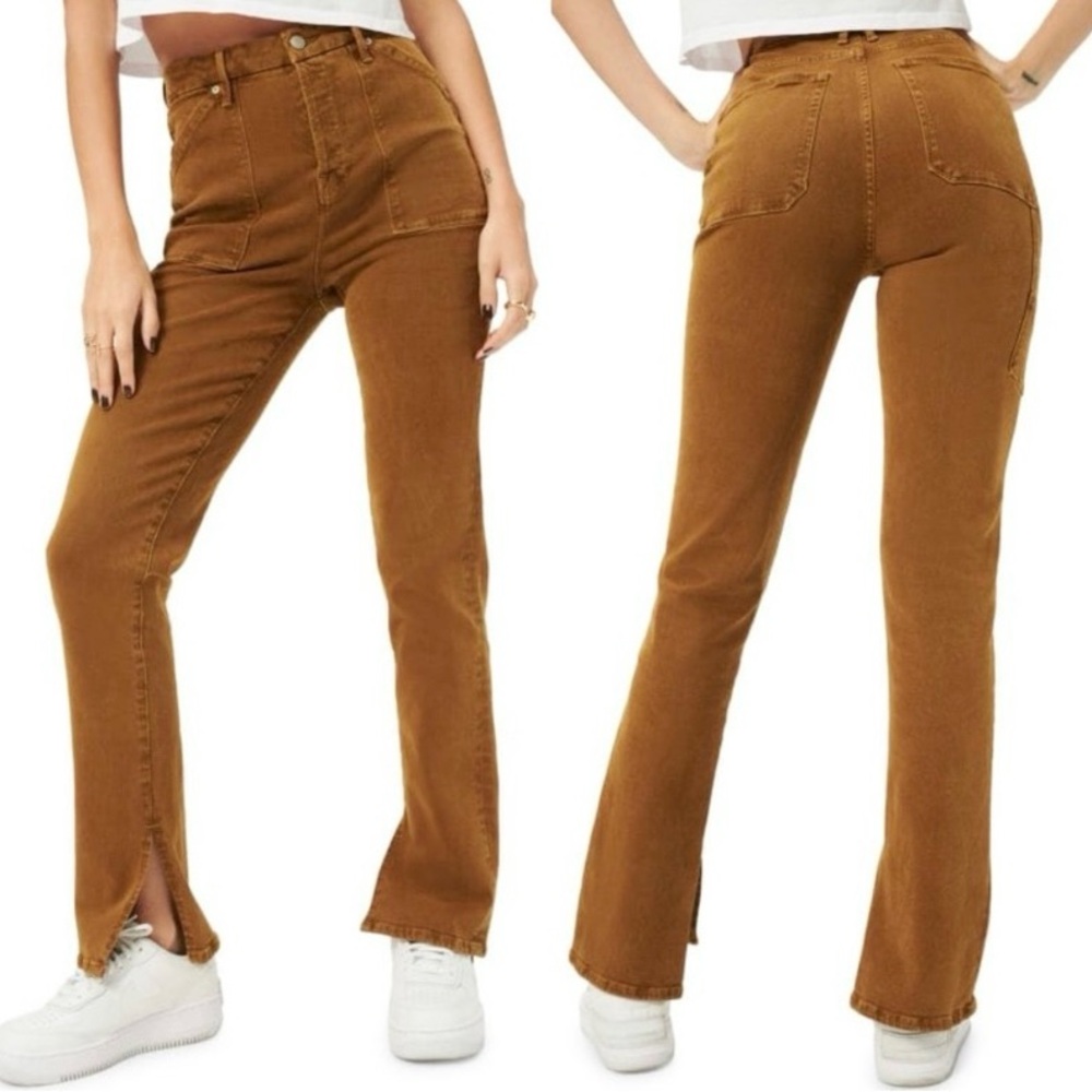 Good American Straight-Leg High-Rise Jeans — Cognac Brown